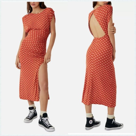 NWT Free People Lakeside Midi Dress Ginger Heart Print Ruched Side Slit Large - Picture 1 of 14